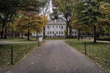 Boston, Amerika Birleşik Devletleri - Ekim 2015: Harvard Yard sokakları sonbaharda yürüyüş.