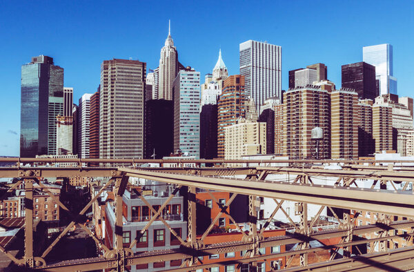 Manhattan downtown view from Brooklyn bridge