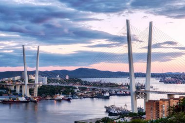 Altın Köprüsü ve Haliç bay gün batımında, Vladivostok, Rusya Federasyonu