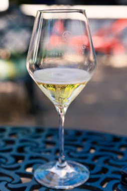 Stellenbosch, Güney Afrika-Kasım, 2018: ünlü Simonsig şarap arazisi 'nde tadımda köpüklü şarap ile cam