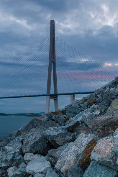 Uzun Kablo Gece Görünümü Vladivostok Rusya Kaldı Köprü — Stok fotoğraf