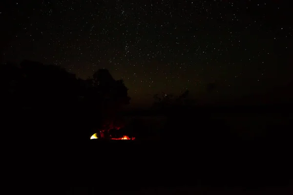 A bonfire, a lake and a starry sky over a fishing camp