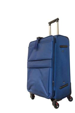 Mavi seyahat bavul tekerlekleri üzerinde. Büyük bir çanta seyahat.