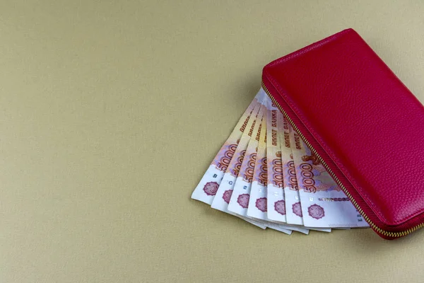 Büyük kadın kırmızı cüzdan. 5000 ruble banknottan Rus banknotlar. Ödeme