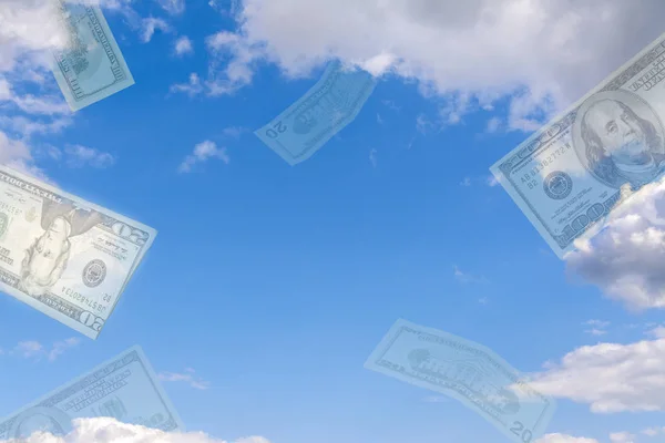 Kolaż Mirage Przeciw Błękitne Niebo Latanie Przezroczyste Dolarów — Zdjęcie stockowe