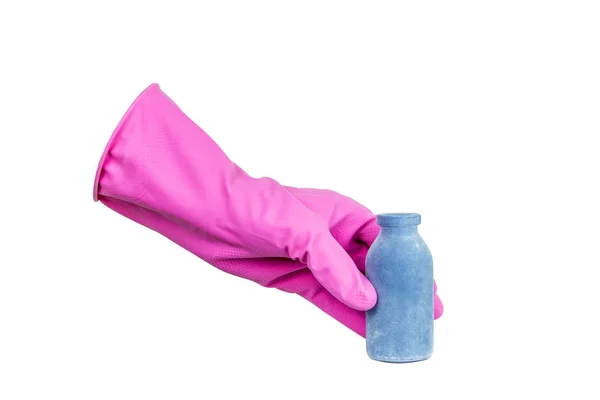 Изолированный Белом Фоне Сдай Резиновую Перчатку Руке Бутылка Химического Реагента — стоковое фото