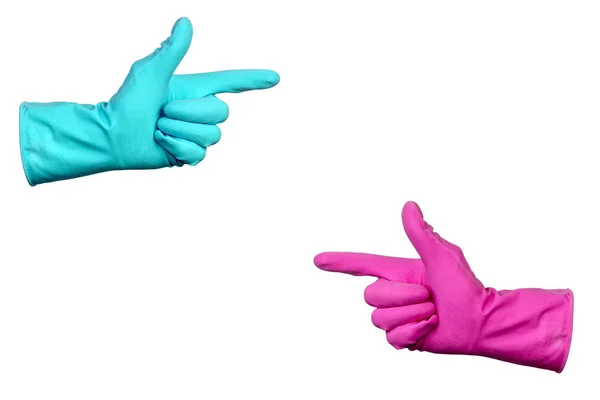 Изолированный Белом Фоне Две Руки Резиновых Перчатках Рука Розовой Перчатке — стоковое фото