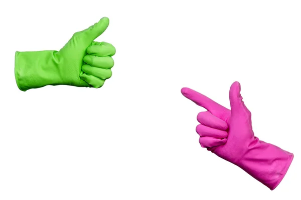 Isolated White Background Two Hands Rubber Gloves Hand Pink Glove — Stock Photo, Image