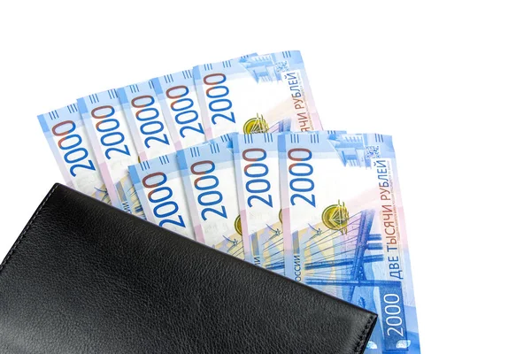 Rosyjski Gotówki Banknoty Dwa Tysiące Rubli Czarne Mans Portfel Płatności — Zdjęcie stockowe
