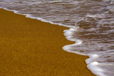 Dalgalar deniz kenarı, kumlu sahilde. Deniz suyu üzerinde köpük. Yaz saati.