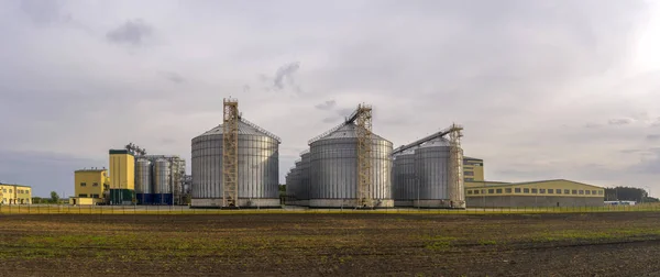 Panorama of the grain processing Plant. Large agricultural complex standing in the field.