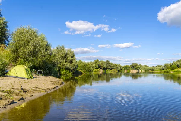 Camp Banks Desna River Ukraine Spinning Rods Tent Beach — Stock Photo, Image