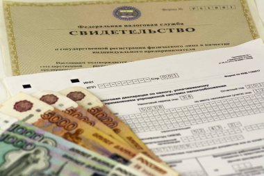 Rus belgeleri. Bireysel iş adamı, vergi iade formu kayıt belgesi. Rus nakit para