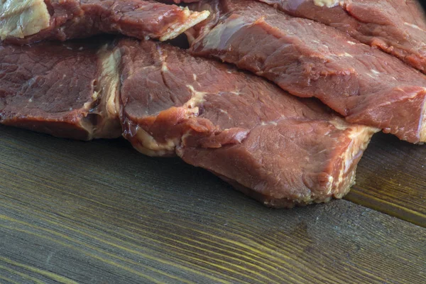 Three Large Raw Beef Steaks Wooden Surface — Stock Photo, Image