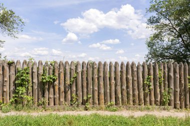 Eski kütük çiti. Mavi gökyüzüne karşı Palisade