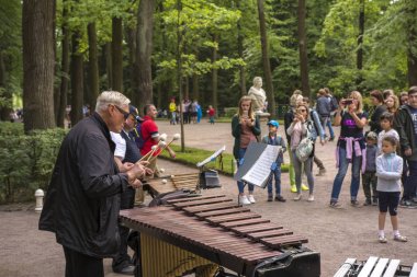 Peterhof, Rusya. 08 ağustos 2019. Park'ta ksilofonla çalan sokak müzisyenleri.