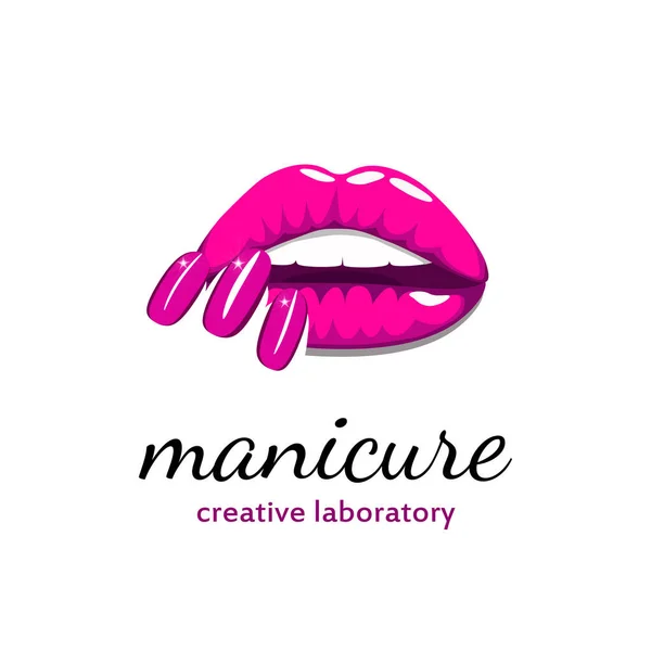 Vacker flicka läppar med ljusa rosa manikyr naglar. Skönhet logotyp, banderoll, affisch. Vektorillustration — Stock vektor