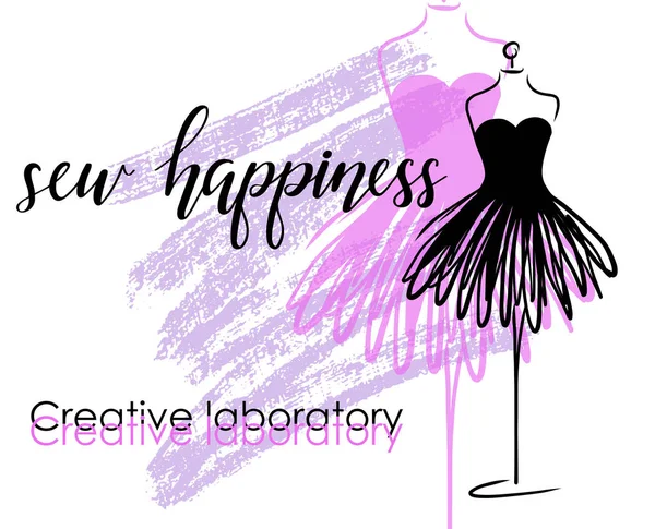 Manken veya dummy ile terzilik amblemi ve afiş yazı ile mutluluk dikmek. Moda ve logo tasarımı terzilik. Vektör, Eps10