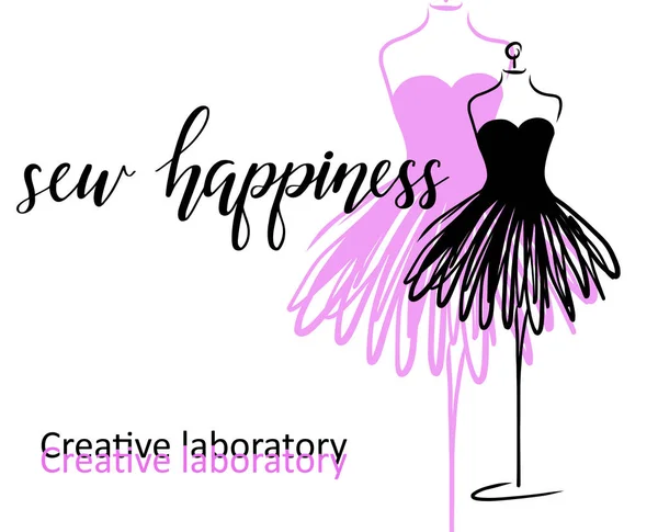 Manken veya dummy ile terzilik amblemi ve afiş yazı ile mutluluk dikmek. Moda ve logo tasarımı terzilik. Vektör