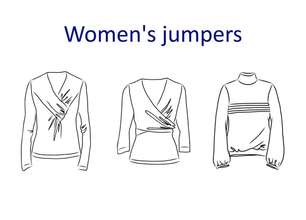 Conjunto desenhado à mão com roupas femininas. Ilustração vetorial para fundos, estampas têxteis, web e design gráfico —  Vetores de Stock