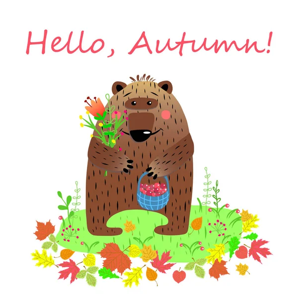 Hola tarjeta de otoño con el personaje de dibujos animados oso, vector de ilustración . — Vector de stock