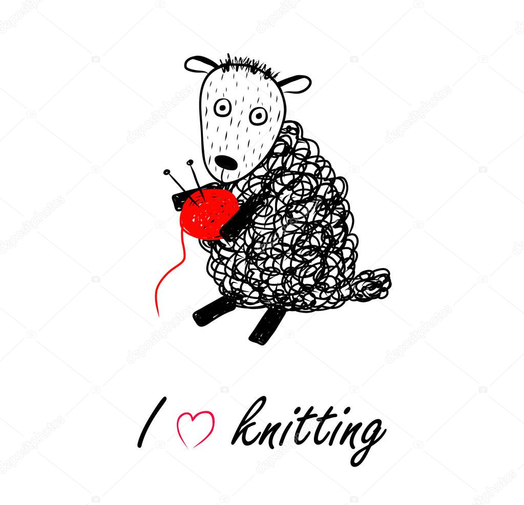 Knitting logo with funny sheep and ball of threads. Ball of red yarn with knitting needles, knit icon, poster, background, postcard. Lettering vector illustration, EPS 8