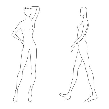 Kadın figürü kroki. Farklı pozlar. Şablon tasarımcıları giysi nd oluşturucular için çizim için. Moda çizimi için vektör anahat kız model şablonu. Moda illüstrasyon.