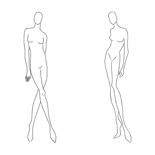 Kadın figürü kroki. Farklı pozlar. Şablon tasarımcıları giysi nd oluşturucular için çizim için. Moda çizimi için vektör anahat kız model şablonu. Moda illüstrasyon.