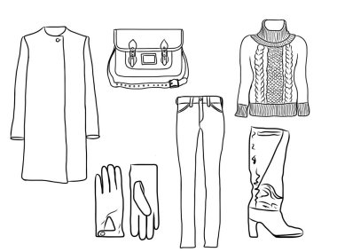 Kadın sonbahar, ilkbahar veya kış giysi ve aksesuarları, siluet Vektör şık moda seti. Kazak, pantolon, palto, eldiven, çanta ve botile casual renkli kıyafet. Eps8