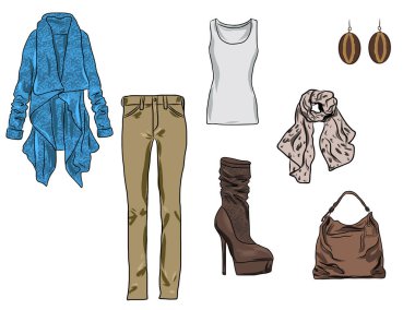 Kadın sonbahar, ilkbahar veya kış giysi ve aksesuarları Vektör şık moda seti. Kazak, pantolon, palto, eşarp, çanta, gömlek, küpe ve bot ile Casual renkli kıyafet