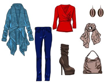 Kadın sonbahar, ilkbahar veya kış giysi ve aksesuarları Vektör şık moda seti. Kazak, pantolon, palto, eşarp, çanta, bluz, küpe ve bot ile Casual renkli kıyafet