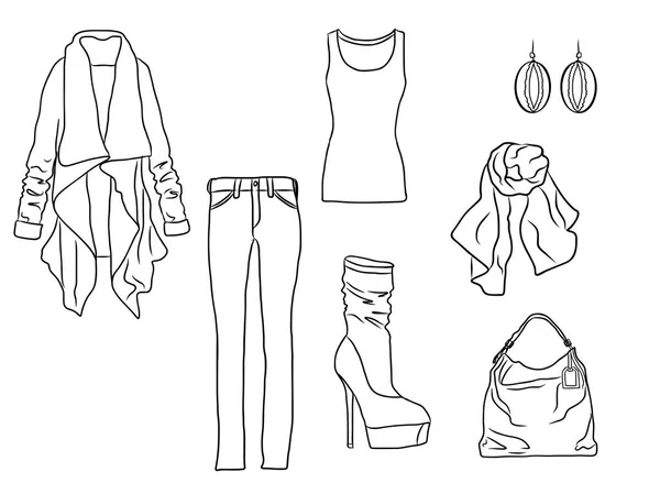 Vector snygg mode uppsättning av kvinnans höst, vår eller vinterkläder och accessoarer. Casual Silhouette outfit med tröja, byxor, kappa, halsduk, väska, skjorta och stövlar — Stock vektor