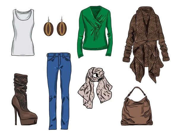 Διάνυσμα κομψό σετ μόδας των γυναίκες φθινόπωρο, άνοιξη ή χειμερινά ρούχα και αξεσουάρ. Casual πολύχρωμα ρούχα με πουλόβερ, παντελόνια, παλτό, κασκόλ, τσάντα, πουκάμισο, σκουλαρίκια και μπότες — Διανυσματικό Αρχείο