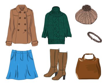 Kadın sonbahar, ilkbahar veya kış giysi ve aksesuarları Vektör şık moda seti. Kazak, etek, palto, bere, çanta, bilezik ve botile casual renkli kıyafet