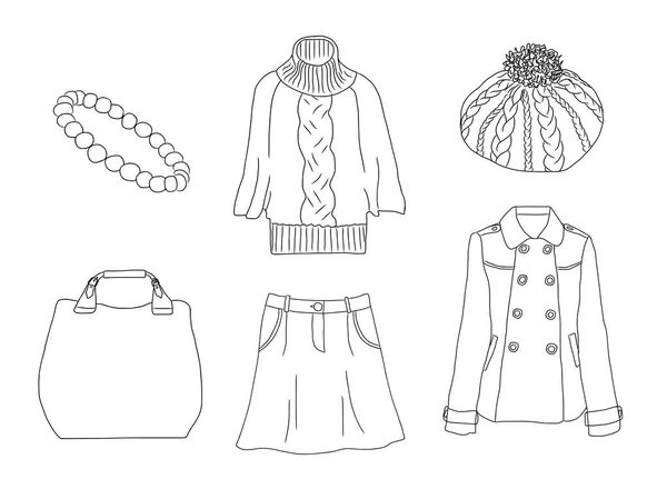 Vector snygg mode uppsättning av kvinnans höst, vår eller vinterkläder och accessoarer. Casual Silhouette outfit med tröja, Kjol, kappa, Beret, väska, skjorta och armband. — Stock vektor