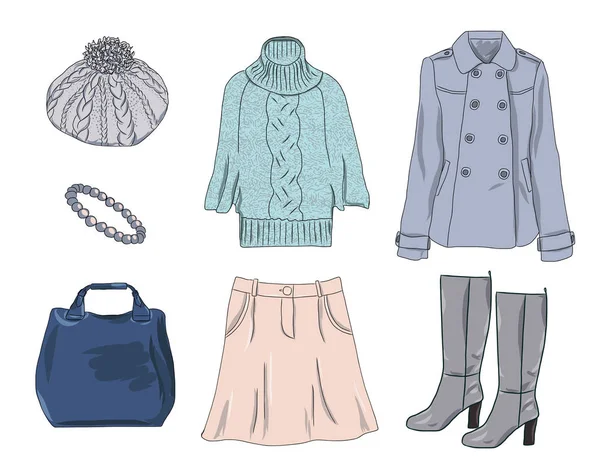 Vector stilvolle Mode-Set für Frauen Herbst, Frühling oder Winter Kleidung und Accessoires. lässiges buntes Outfit mit Pullover, Rock, Mantel, Baskenmütze, Tasche, Armband und Stiefeln — Stockvektor