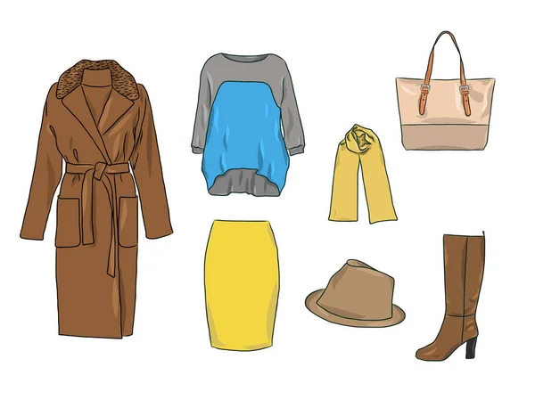 Vector elegante conjunto de moda de las mujeres otoño, primavera o invierno ropa y accesorios. Traje casual colorido con jersey, falda, abrigo, sombrero, bolso, bufanda y botas — Archivo Imágenes Vectoriales