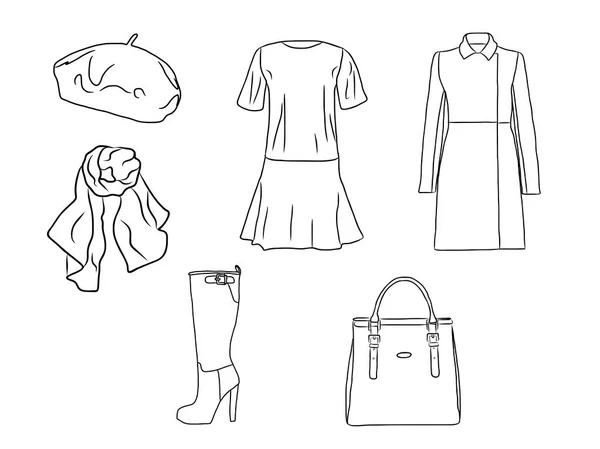 Vector moda elegante conjunto de mulheres outono, primavera ou inverno roupas e acessórios. Roupa de silhueta casual com vestido, casaco, boina, saco, cachecol e bota —  Vetores de Stock