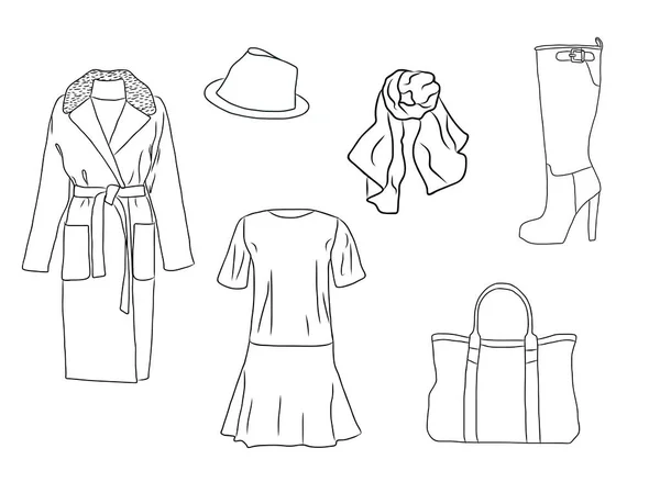 Vector stilvolle Mode-Set für Frauen Herbst, Frühling oder Winter Kleidung und Accessoires. Casual Silhouette Outfit mit Kleid, Mantel, Hut, Tasche, Schal und Stiefel — Stockvektor