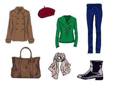 Kadın sonbahar, ilkbahar veya kış giysi ve aksesuarları Vektör şık moda seti. Kot pantolon, palto, bere, çanta, eşarp, hırka ve çizme ile Casual renkli kıyafet