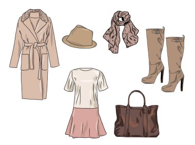 Kadın sonbahar, ilkbahar veya kış giysi ve aksesuarları Vektör şık moda seti. Elbise, palto, şapka, çanta, eşarp ve çizme ile Casual renkli kıyafet