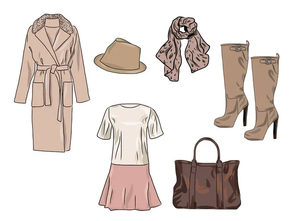 Vector stilvolle Mode-Set für Frauen Herbst, Frühling oder Winter Kleidung und Accessoires. lässiges buntes Outfit mit Kleid, Mantel, Hut, Tasche, Schal und Stiefel — Stockvektor