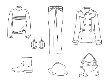 Kadın sonbahar, ilkbahar veya kış giysi ve aksesuarları Vektör şık moda seti. Kot pantolon, kazak, palto, şapka, çanta, küpe ve botile rahat siluet kıyafeti