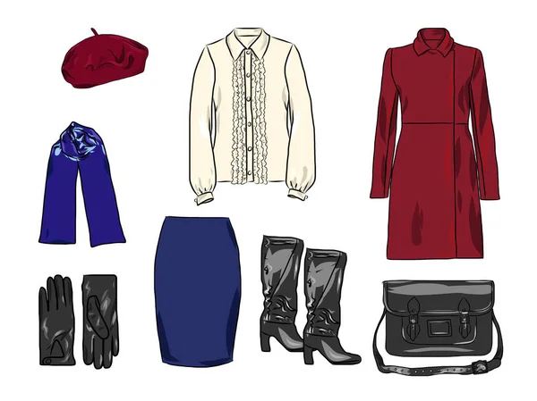 Vector stilvolle Mode-Set für Frauen Herbst, Frühling oder Winter Kleidung und Accessoires. lässiges buntes Outfit mit Rock, Bluse, Mantel, Baskenmütze, Tasche, Schal, Handschuhen und Stiefeln — Stockvektor