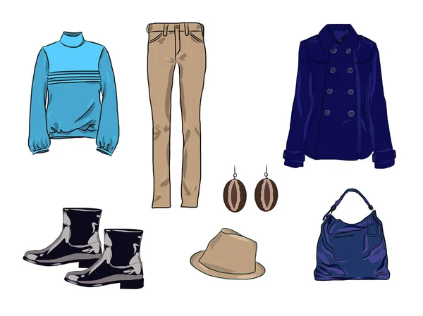 Vector moda elegante conjunto de mulheres outono, primavera ou inverno roupas e acessórios. Roupa colorida casual com jeans, suéter, casaco, chapéu, bolsa, brincos e botas — Vetor de Stock