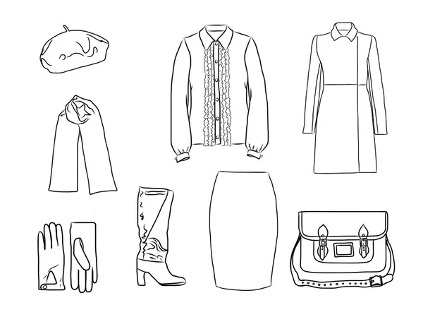 Vector moda elegante conjunto de mulheres outono, primavera ou inverno roupas e acessórios. Roupa de silhueta casual com saia, blusa, casaco, boina, bolsa, cachecol, luvas e botas . —  Vetores de Stock
