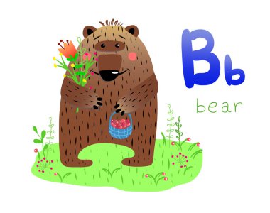 Sonbaharda bir buket çiçek ve bir sepet çilek ile vektör illüstrasyon. Alfabe B, poster, afiş, logo, tebrik kartı, çizgi film karakteri