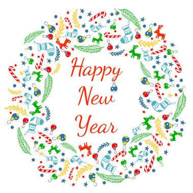 Çelenk ile Mutlu yeni yıl tebrik kartı, Tipografi ve Elemanları ile Vintage Arka Plan - çorap, ladin, köknar ağacı, lolipop, çizgili sopa, dal, geyik, Noel oyuncak, top, yıldız, kar tanesi, daire