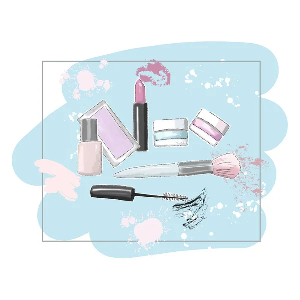 Kozmetik ve moda arka plan ile yapmak sanatçı nesneleri: ruj, krem, fırça. tırnak cilası, maskara, gölgeler,.
