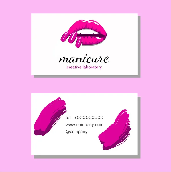 Kartvizit ile güzel kız dudakları ile parlak pembe manikür çivi. Güzellik kartvizit, Logo, afiş, poster. Vektör